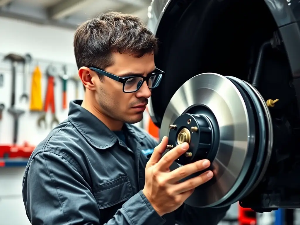 A technician inspecting brake pads and rotors on a vehicle in our service bay, highlighting Qadora's commitment to thorough brake inspections and repairs.