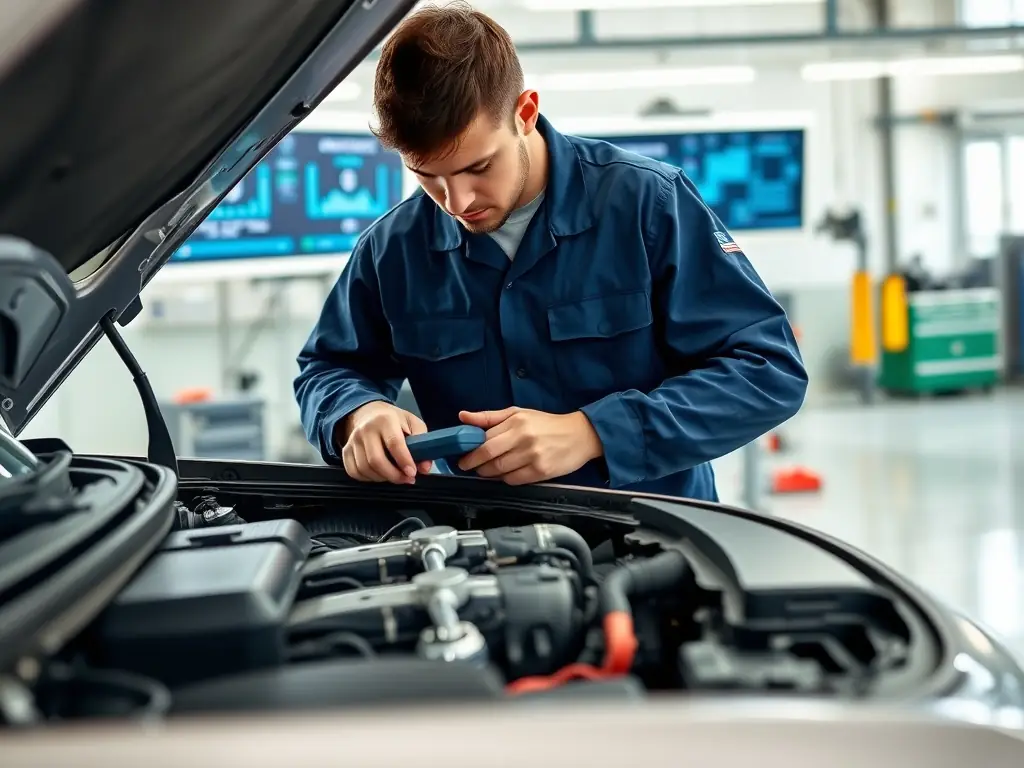 A mechanic using a diagnostic scanner connected to a vehicle's engine, illustrating Qadora's use of advanced technology for accurate engine diagnostics.