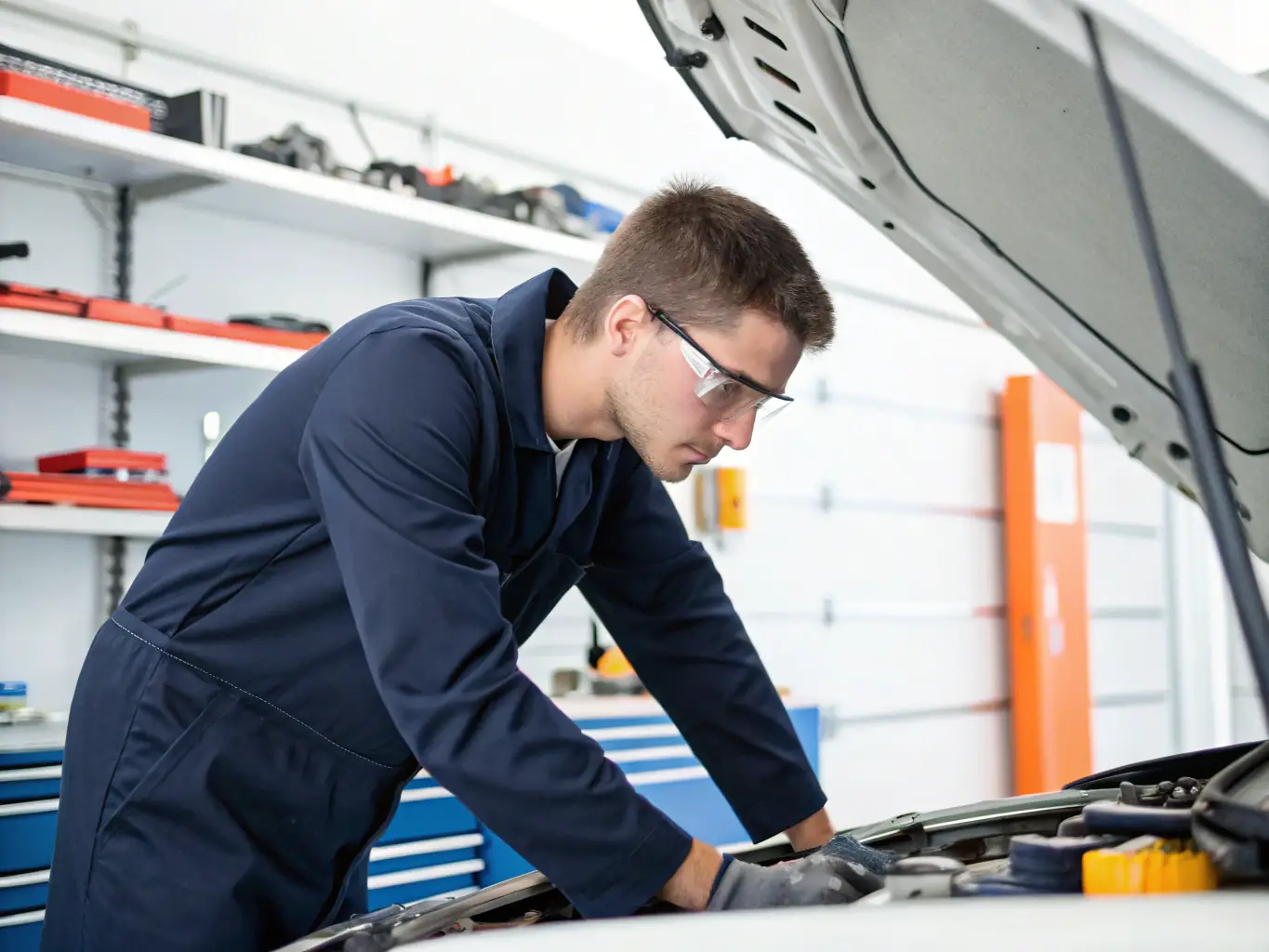 A mechanic replacing engine oil with a bright, clean engine bay in the background, emphasizing the cleanliness and professionalism of Qadora's oil change service.