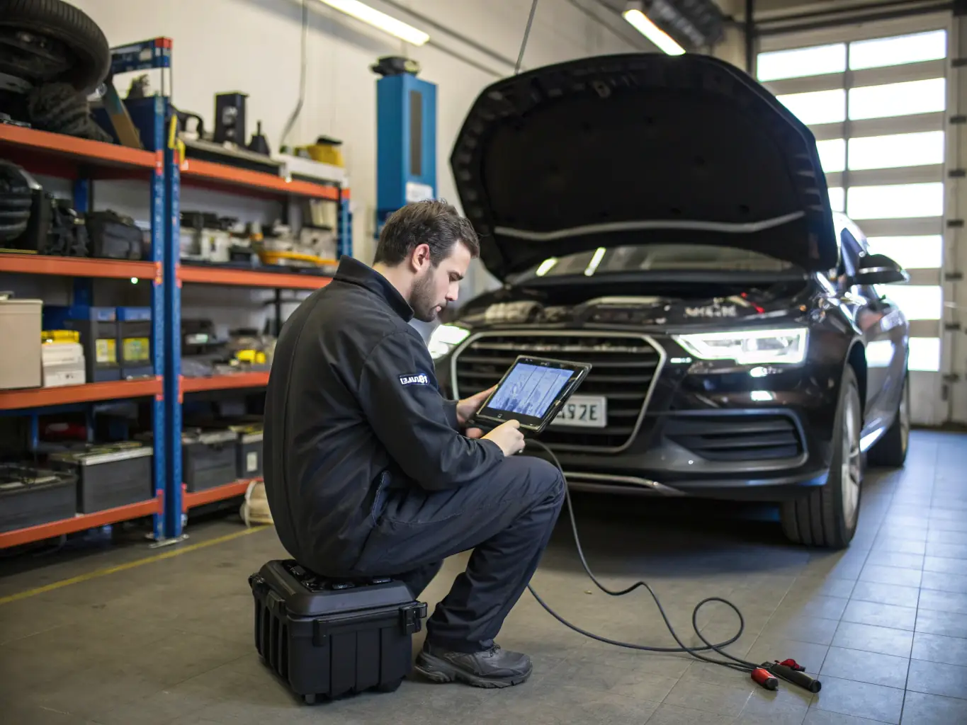 A technician using diagnostic equipment to analyze a car's engine, showcasing Qadora's advanced technology and expertise in engine diagnostics.