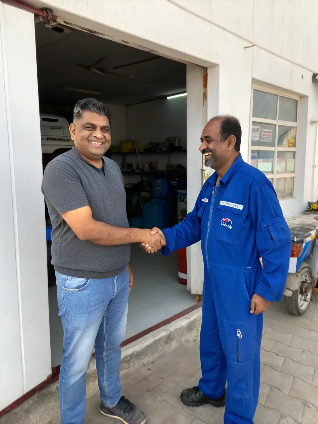A customer shaking hands with a Qadora mechanic, both smiling, symbolizing trust and satisfaction in a well-lit reception area.
