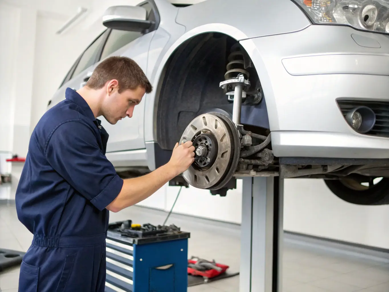 A close-up shot of a mechanic inspecting brake pads and rotors, highlighting the precision and attention to detail in Qadora's brake repair services.