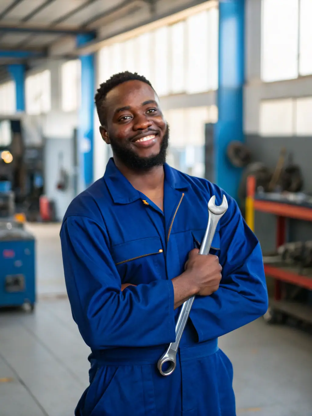 A close-up shot of a certified mechanic smiling confidently while holding a wrench in a clean and organized Qadora service bay.